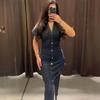LYRIA Neues 1975er Serie Denim MIDI-Kleid mit Revers Seitenreißverschluss Mode Falten Taille Schlankes Elegantes Kleid