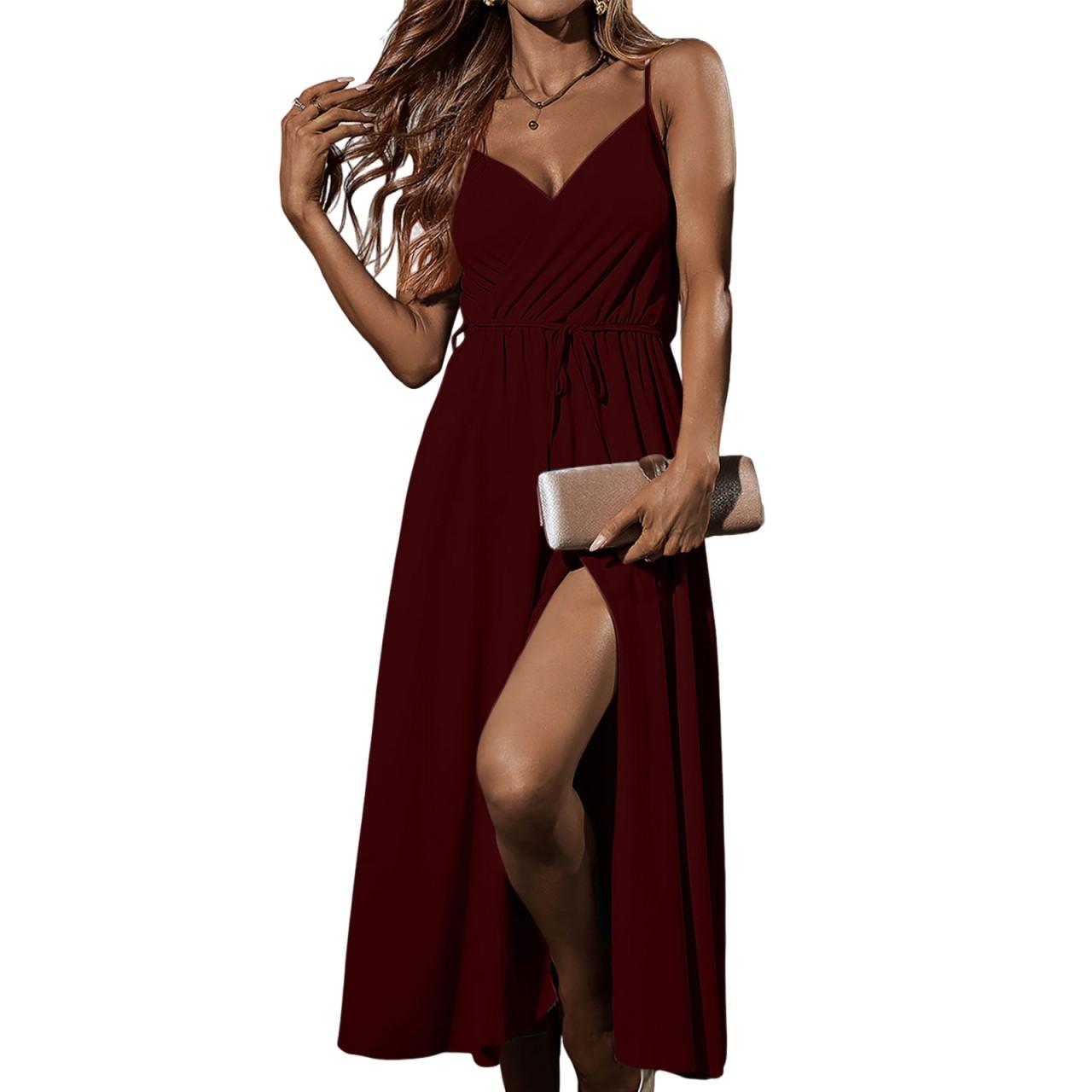 

Женские темпераментные элегантные повседневные однотонные платья на бретелях XL винный