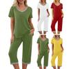 2 Pcs/Set Pajamas Set V Neck Contrast Color Short Sleeve Loose Homewear Elastic Waist Cropped Pants Summer Night Clothes