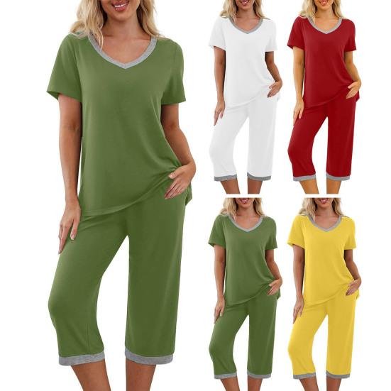 2 Pcs/Set Pajamas Set V Neck Contrast Color Short Sleeve Loose Homewear Elastic Waist Cropped Pants Summer Night Clothes
