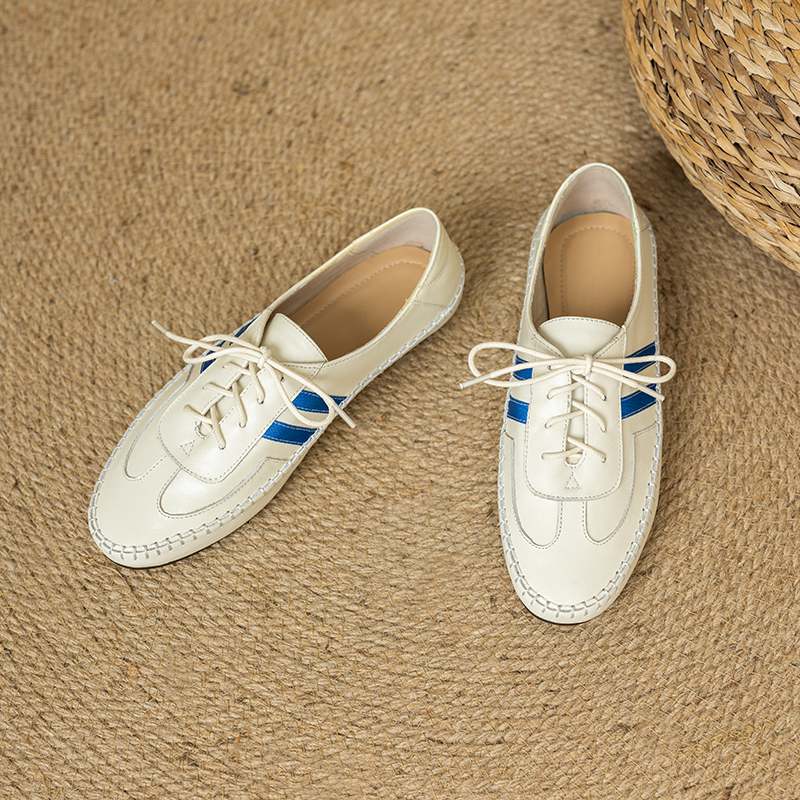 Krazing Pot Cow Skin Round Toe Size 43 Flat with Fashion Lace Up Leisure Handmade Comfortable Light Autumn Sneakers