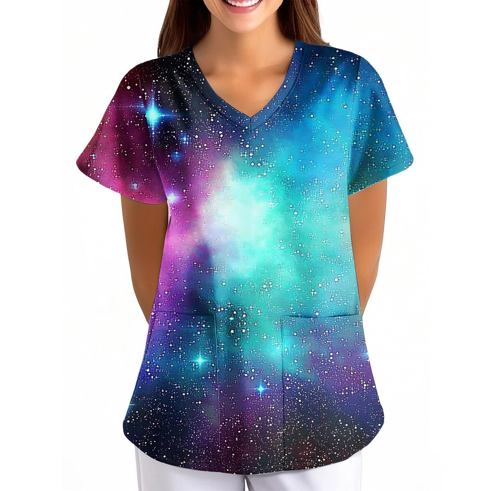 

Women s Sky Print Loose V-neck Pocket Short-sleeved Uniform Uniform XXXXXL