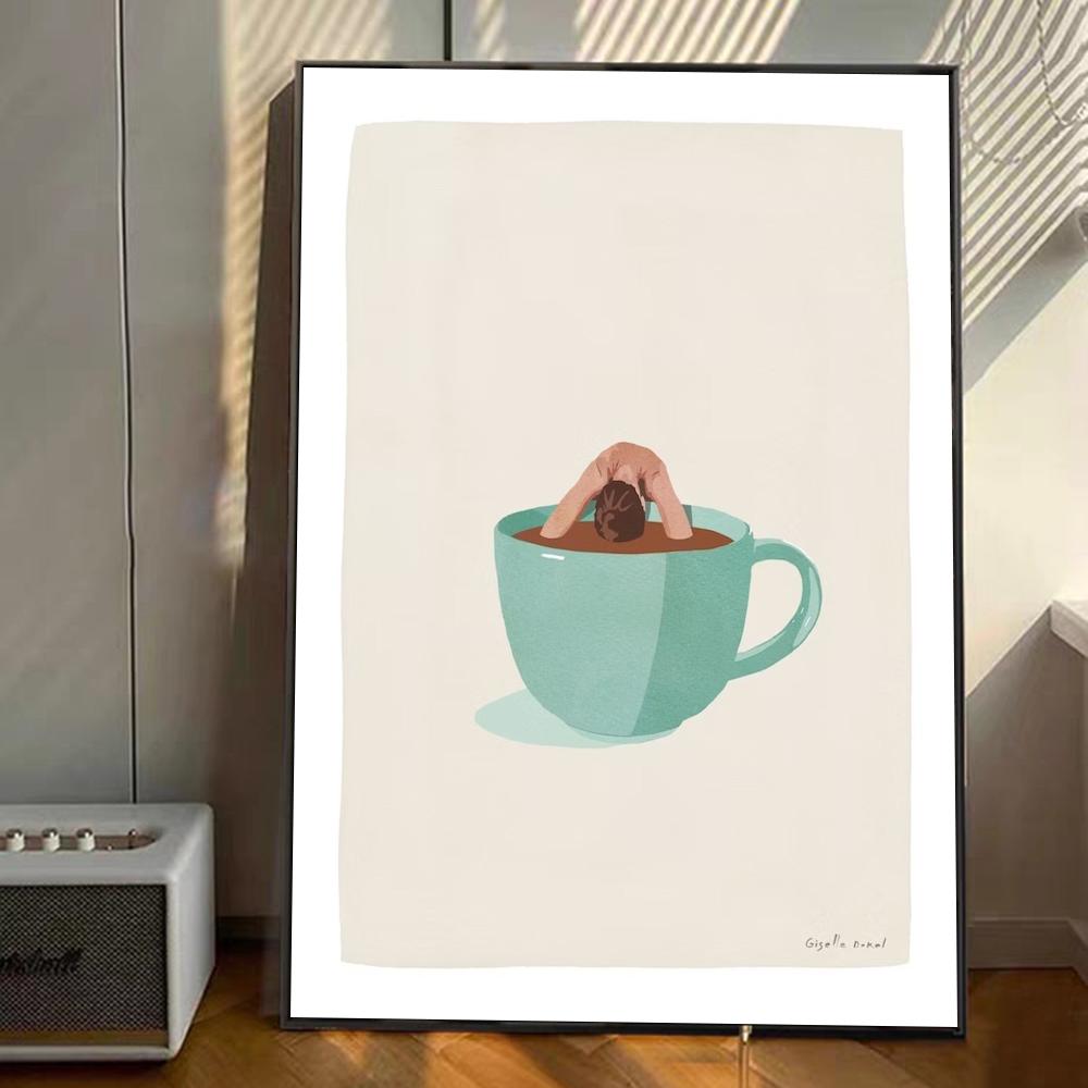 Coffee Cups funny Art Anime Posters Sticky HD Quality Wall Art Retro Posters for Home Kawaii Room Decor
