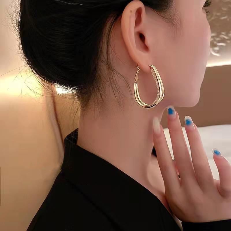 Korean Gold Color Metal Mesh Crystal Hoop Earrings Women Fashion Jewelry  New Luxury Geometric Grid Big Circle Earings Femme