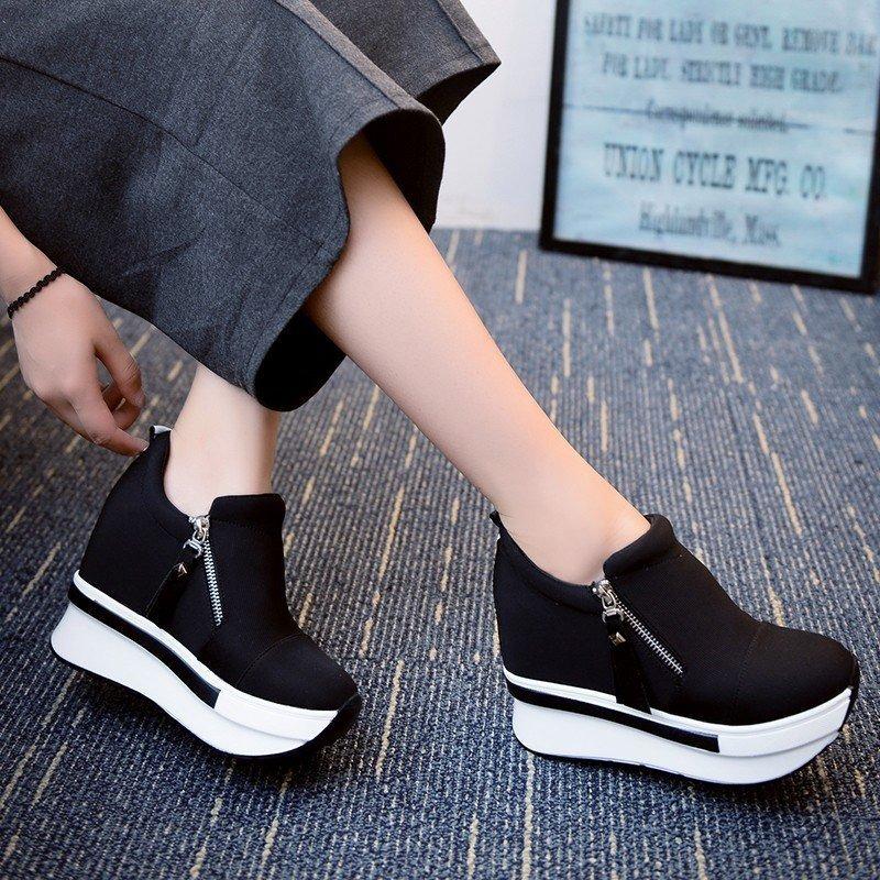 Thick-soled Waterproof Platform Canvas High-heeled Casual Shoes Zipper Foreign Trade Women's Shoes