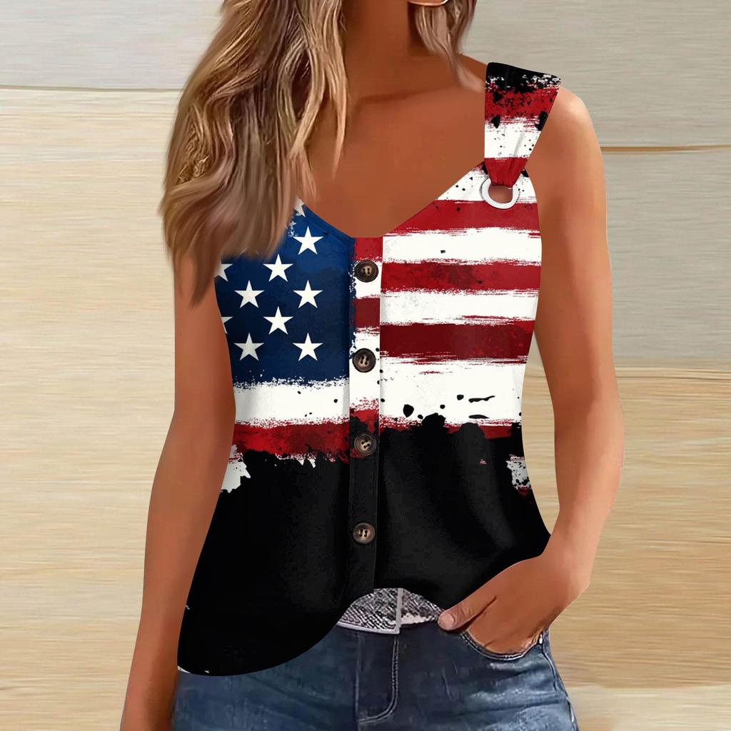 Women's Fashion Casual Loose Sleeveless Buttoned V-Neck Independence Day Printed T-Shirt Top