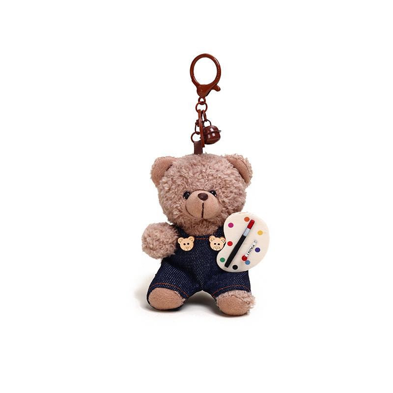 Jinnew Playful Brown Bear Painter Plush Keychain Fun Cartoon Decoration Bags For