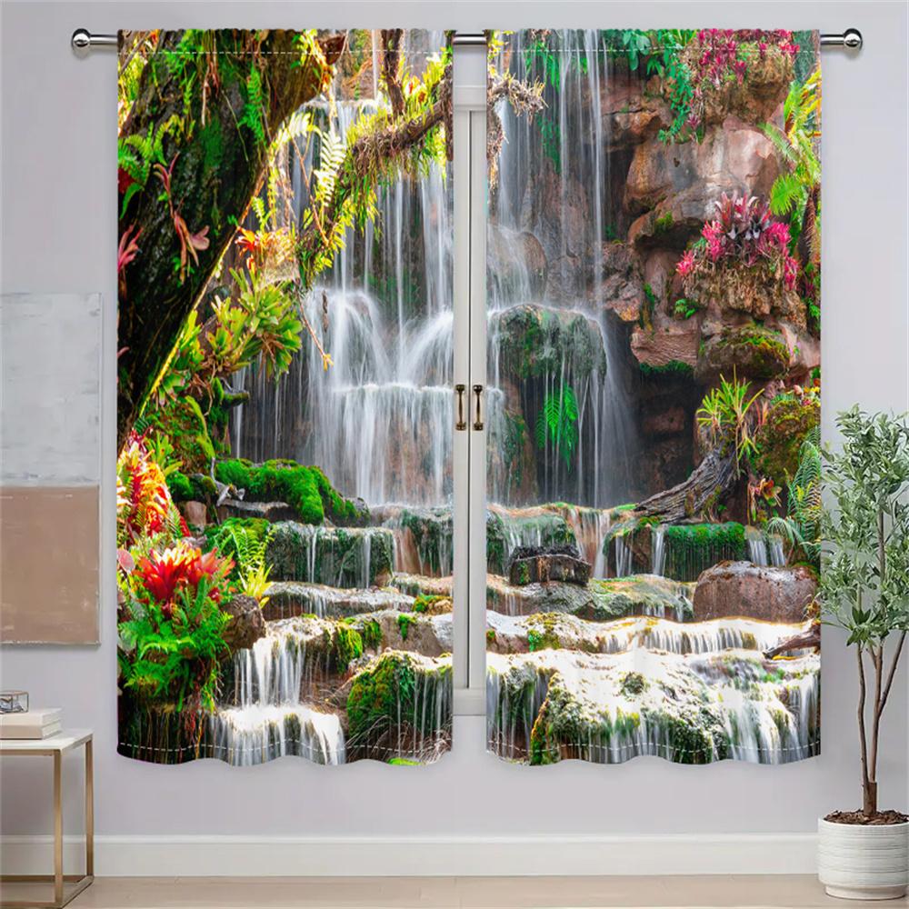 2Pcs Tropical Rainforest Curtains Waterfall Scenery Pattern Living Room Bedroom Window Decor Curtains Natural Landscape Theme