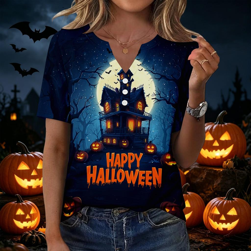 Women's Casual V Neck Short Sleeve Button T Shirt Halloween Spider Web Print Lightweight Top for Everyday Wear and Seasonal Occasions
