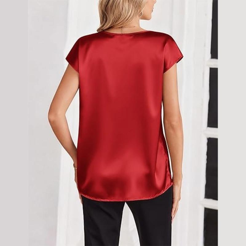 Damen Oberteile Mode Lässig V-Ausschnitt Kurzarm Bluse Business Lässige Oberteile Satin Seide Sommerhemd Arbeits Tuniken Oberteile