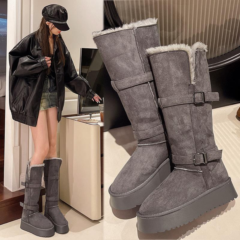 Gray long snow boots women's 2025 winter new thick-soled heightening piled thickened short tube Northeast snow cotton shoes
