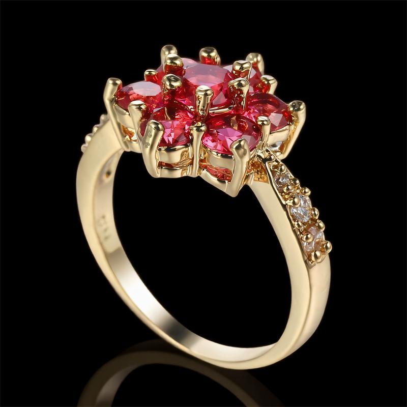 Female Cute Flower Rose Red Crystal Zircon Rings For Women Vintage Gold Color Wedding Promise Bands Jewelry Valentine's Day Gift