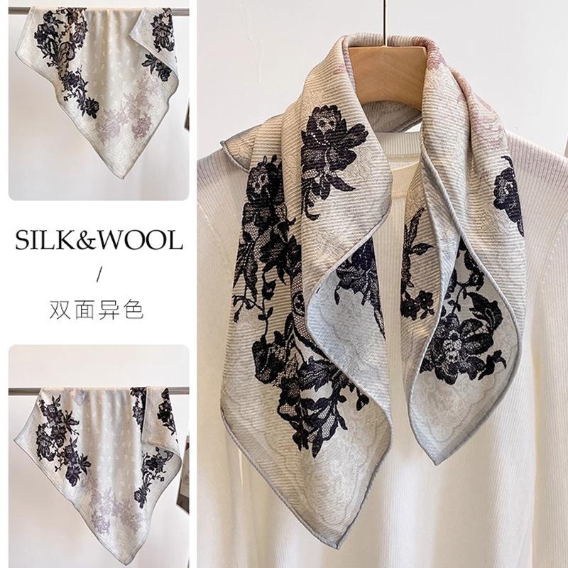 Mulberry silk wool 65 silk wool blended elegant lace square scarf women s spring and autumn high-end light luxury silk scarf standard