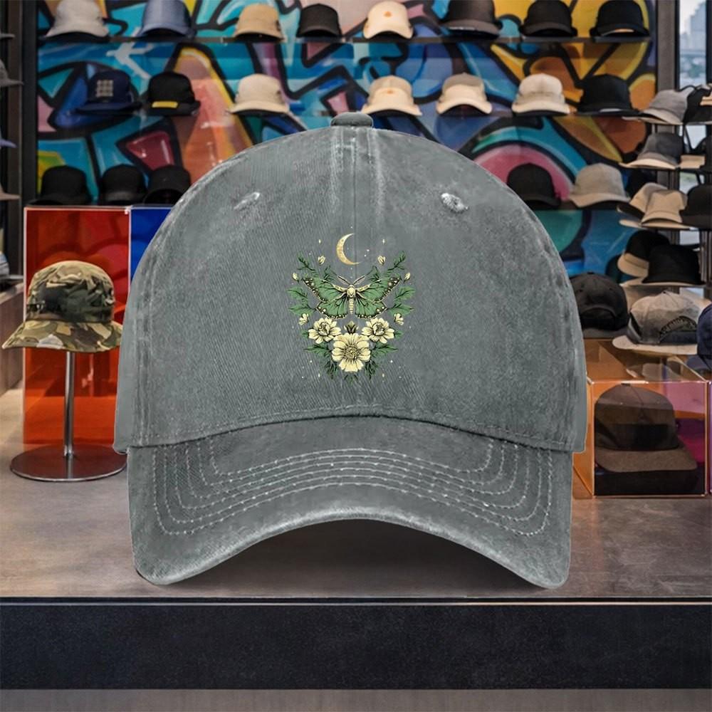 Moth Butterfly Moon Floral Baseball Cap Distressed Washed Cotton Adjustable Sun Hat Unisex Outdoor Travel