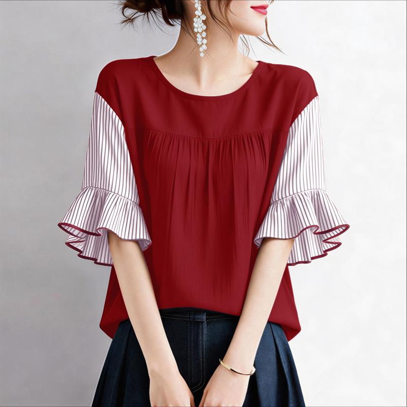 ZANZEA Women Casual Round Neck Stripe Splice Half Sleeve Blouse M красный