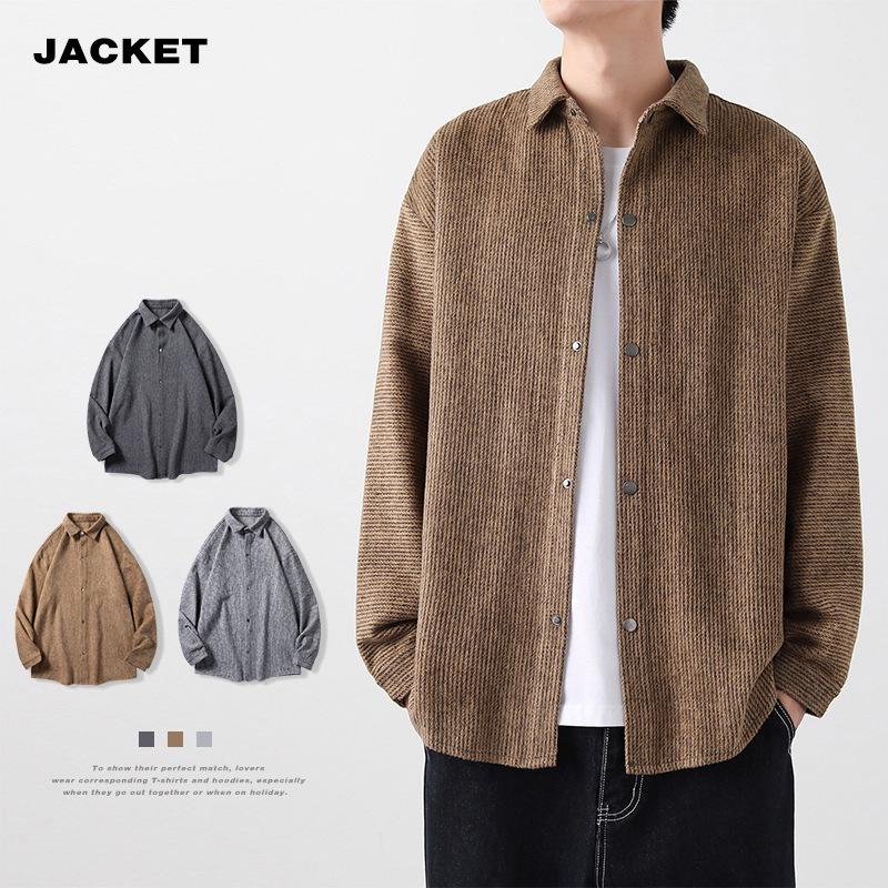 Men's Hong Kong Style Woolen Lapel Shirt Jacket - Spring/Autumn Casual