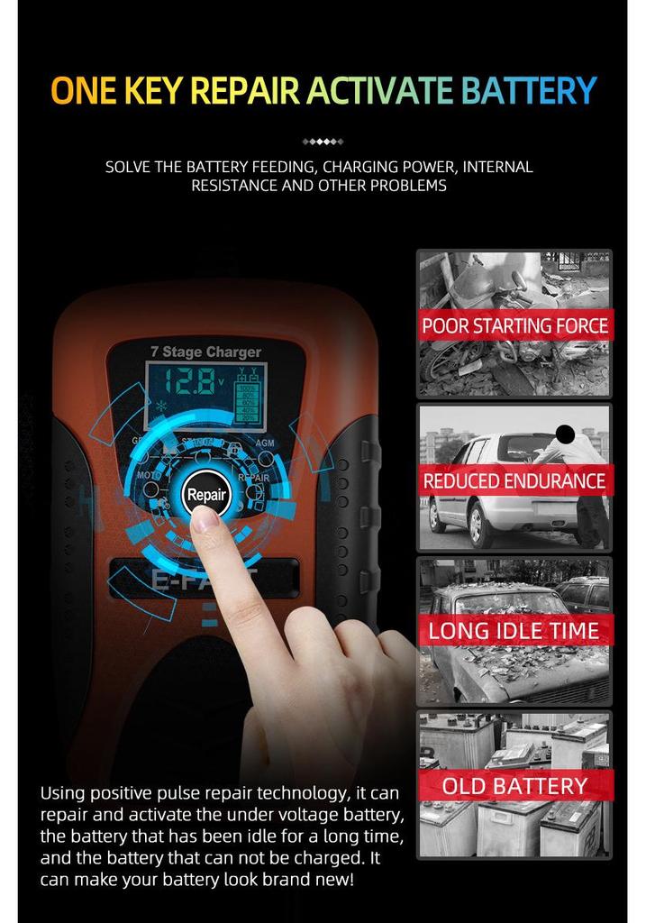 E-FAST 12V 7-Stage Charger for Car and Motorcycle Batteries with Current, Voltage, and Battery Level Display.
