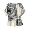 Summer Elegant Fashion Artistic Folk Chic Shirt Women Vintage Geometric Round Collar Short Sleeve Drawstring Loose Casual Top