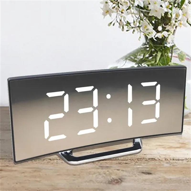 Curved Screen Mirror LED Digital Clock Creative Digital Alarm Clock with Large Display USB Charging Powered Bedside Table Clock2
