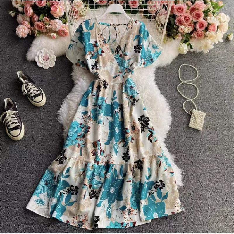 Summer French Platycodon Skirt Temperament V-Neck Waist Skinny Printed Over Knee Flared Sleeve Chiffon Floral Dress
