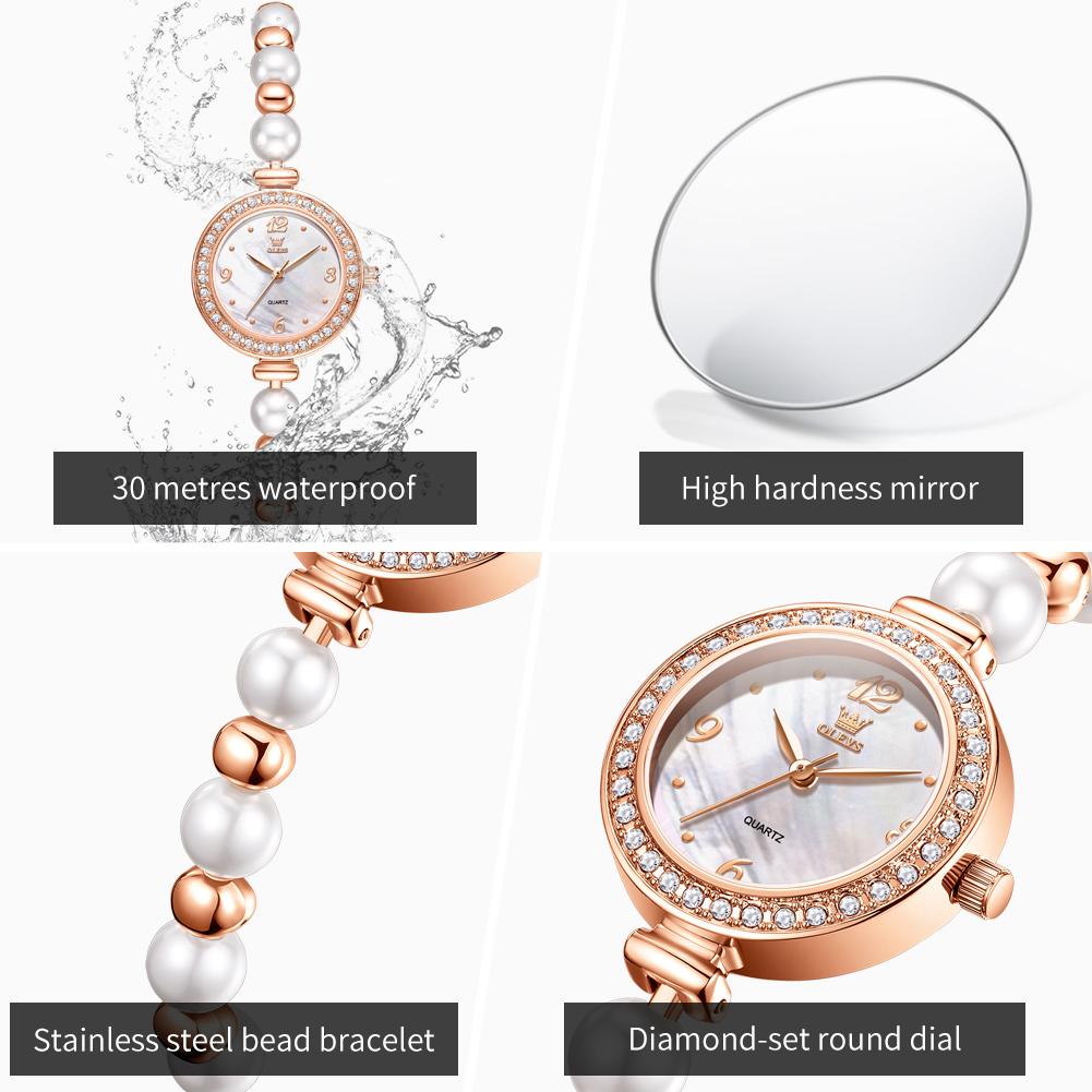 OLEVS Damen Uhr Mode Elegantes Perlenarmband Armbanduhr für Damen Luxus Diamantlünette Wasserdicht Damen Quarzuhren 5640