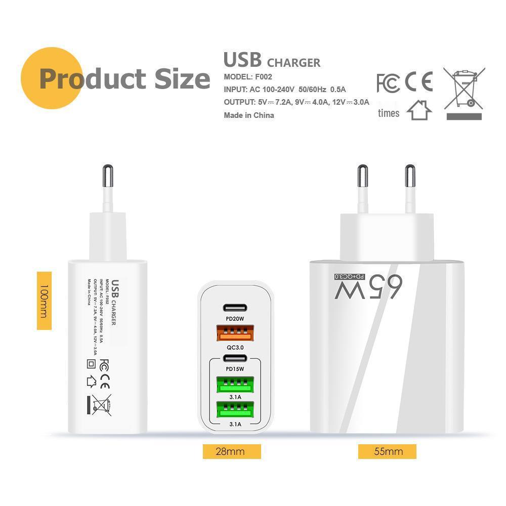 PD65W Fast Charger: 5V3.1A Multi-port Adapter with PD & 3 USB Ports for EU, US, UK
