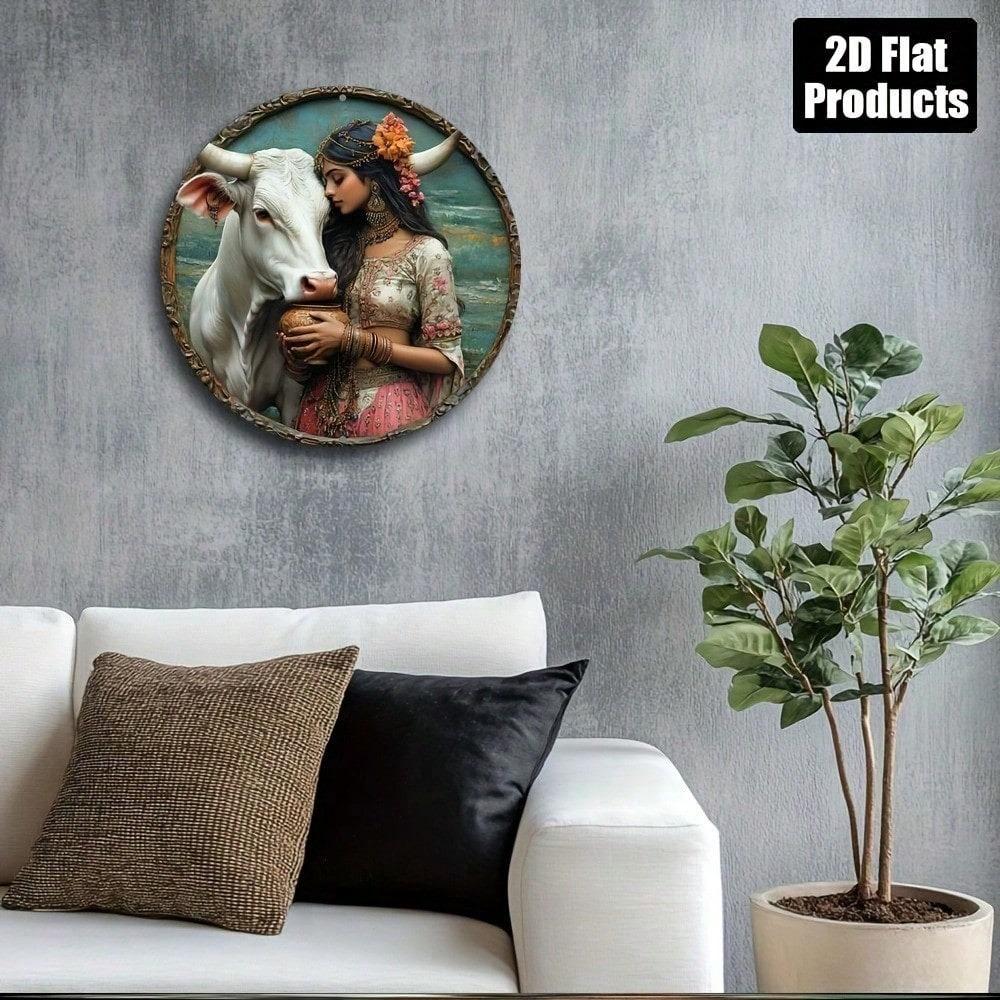 Vintage Round Metal Wall Art Enchanting Woman With Cow Floral Headpiece Traditional Decor