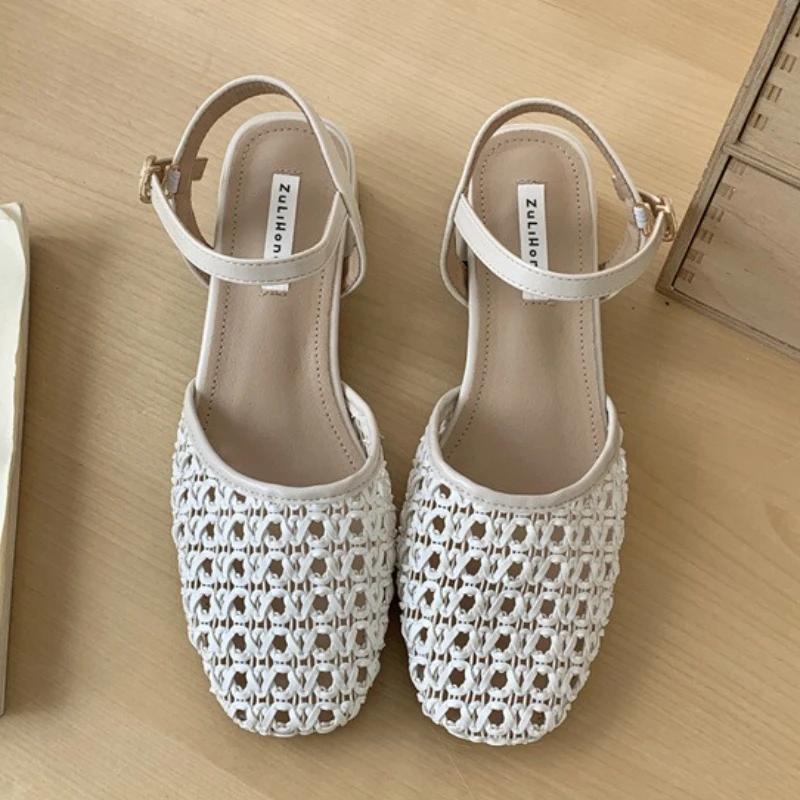 Fashion Vintage Woven Hollow Sandals Women Fashion Round Toe Ankle Strap Buckle Casual Shoes Elegant Comfortable Sandalias De Mujer