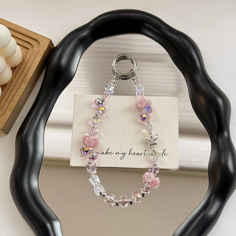 Luminous Rose Phone Chain Alloy Butterfly Crystal Keychain Girl Anti-Lost Wrist Strap Bracelet Earphone Case Charm Bag Decor