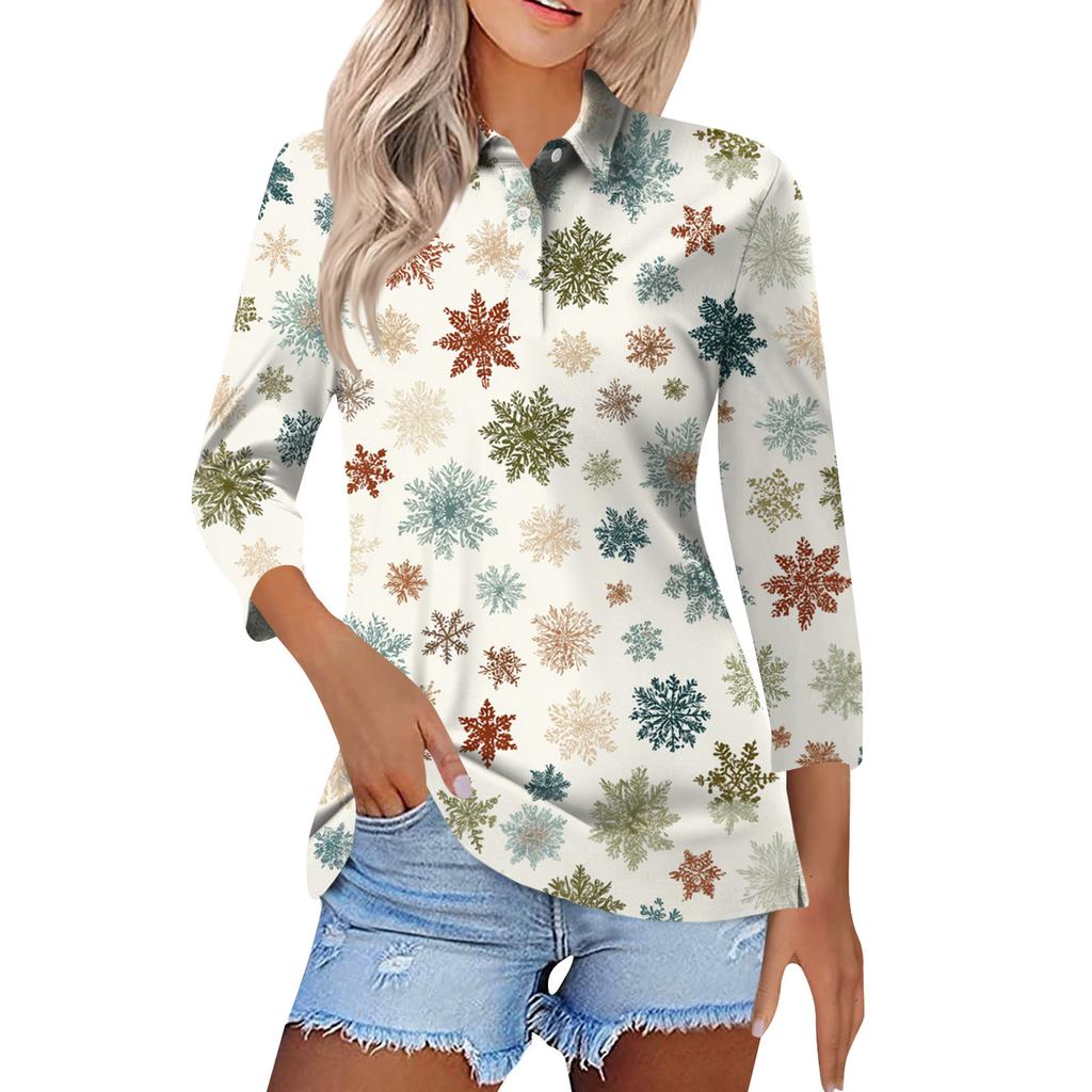 Women's Fashion Casual Button 3/4 Sleeve Vintage  Print Lapel Top