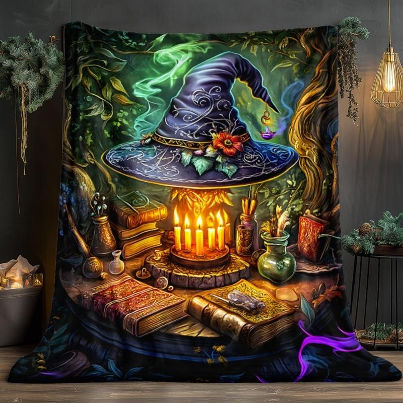 Gothic Witch Hat Flannel Blanket Magic Book Candle Fleece Blanket Mystic Forest Soft Cozy Warm Throw Blankets For Bed Sofa Gift