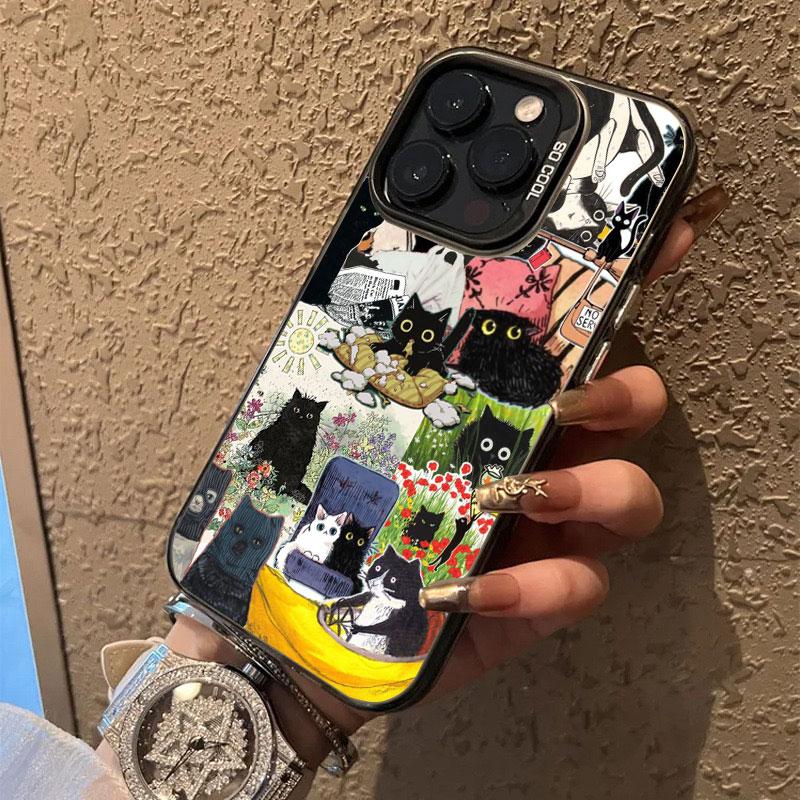 New Cute Black Cat Graphic Montage Laser Phone Case For iPhone 17 15 16 Pro Max Plus 14 13 12 Mini 11 Pro Max Shockproof Cover