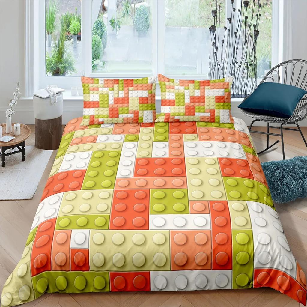 Colorful Blocks Duvet Cover King/Queen Size,Building Toy Bedding Set Kids Boys Girls Orange Blue Fun Brick Polyester Quilt Cover