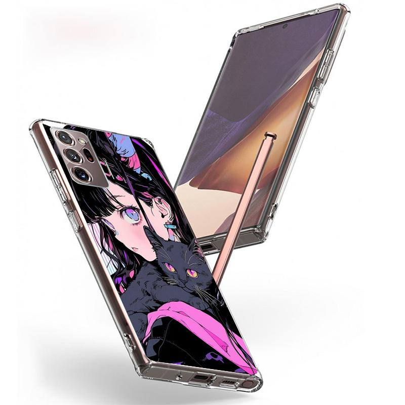 Anime Girls Cute Black Cat Phone Case For Samsung Galaxy S24 S25 Edge S26 Ultra S23 S22 S21 Plus S20 FE + Personalized Print Cov