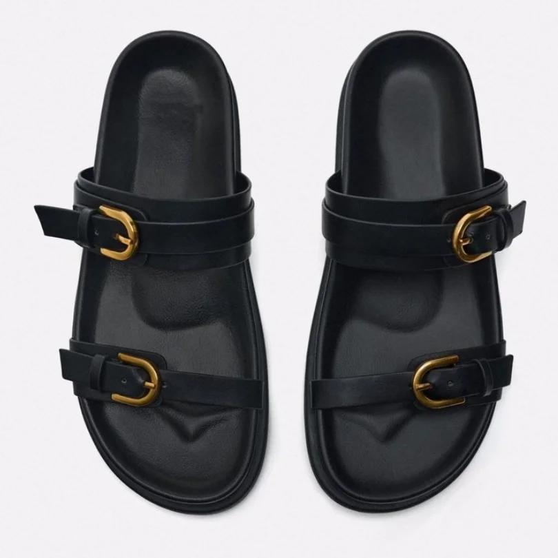 Fashion Woman Black Flat Slingback Shoes Female Summer Straps Round Toe Shoes 2025 Women's Sandals Metal Buckle Flat Sandals
