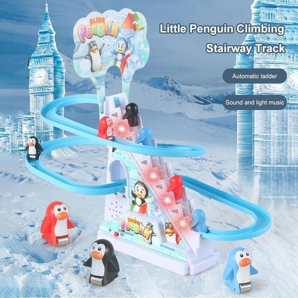 Jeu de piste à glissière pour pingouins | Escaliers à piste éclairés par LED | Jeu de course interactif | Divertissement d'anniversaire amusant en intérieur | Jouets pingouins excitants pour enfants