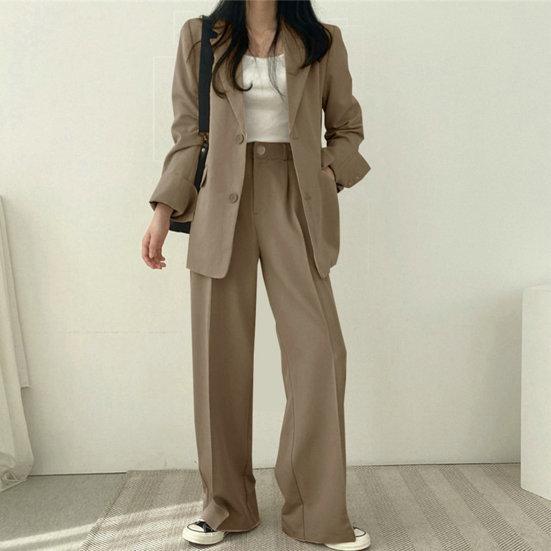 Blazer monopetto a maniche lunghe con risvolto casual da donna Tasche a vita alta Pantaloni dritti a gamba larga Abbigliamento da lavoro da ufficio