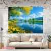 Spring Lake Nature Tapestry, Yellow Flower & Green Tree Background Cloth, Calming Landscape Wall Decor