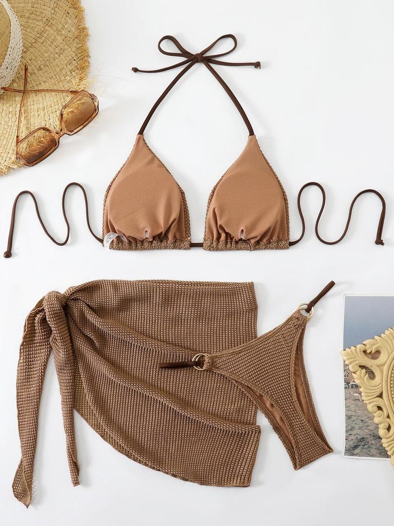 2026 Evropský a Americký Sexy Třídílný Bikini Plavky s Zavazováním za Krk Jednobarevné pro Ženy