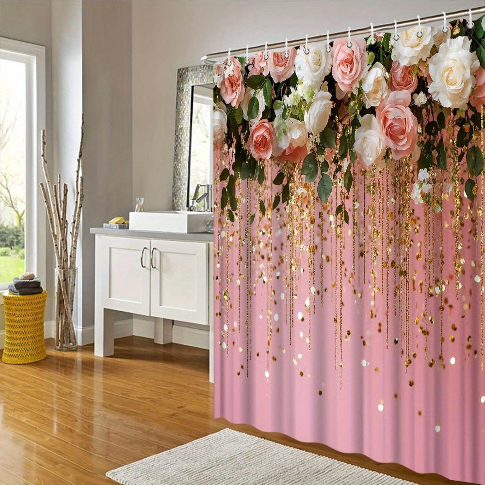Romantic Rose Shower Curtain - Waterproof, Mildew-Resistant With Gold Glitter Design For Elegant And Festive Bathroom Decor