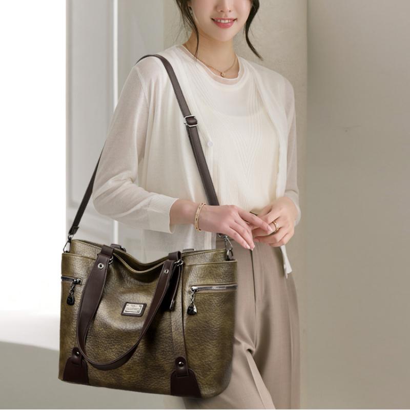Women Vintage Faux Leather Tote Shoulder Bag, Large Capacity Commute Handbag with Detachable Crossbody Strap, Multi Zipper Pockets Retro Daily Travel