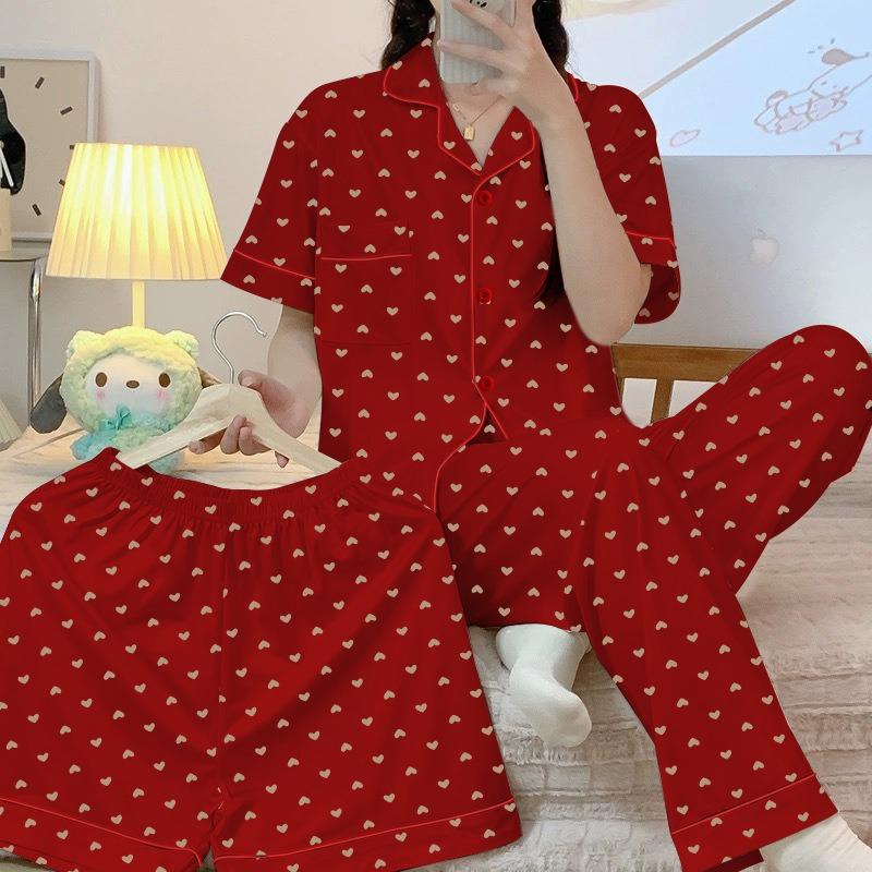 

Big red love light luxury pajamas women s spring and summer short-sleeved trousers festive wedding loungewear imitation cotton three-piece set 2XL [Recommended 135-75kg]