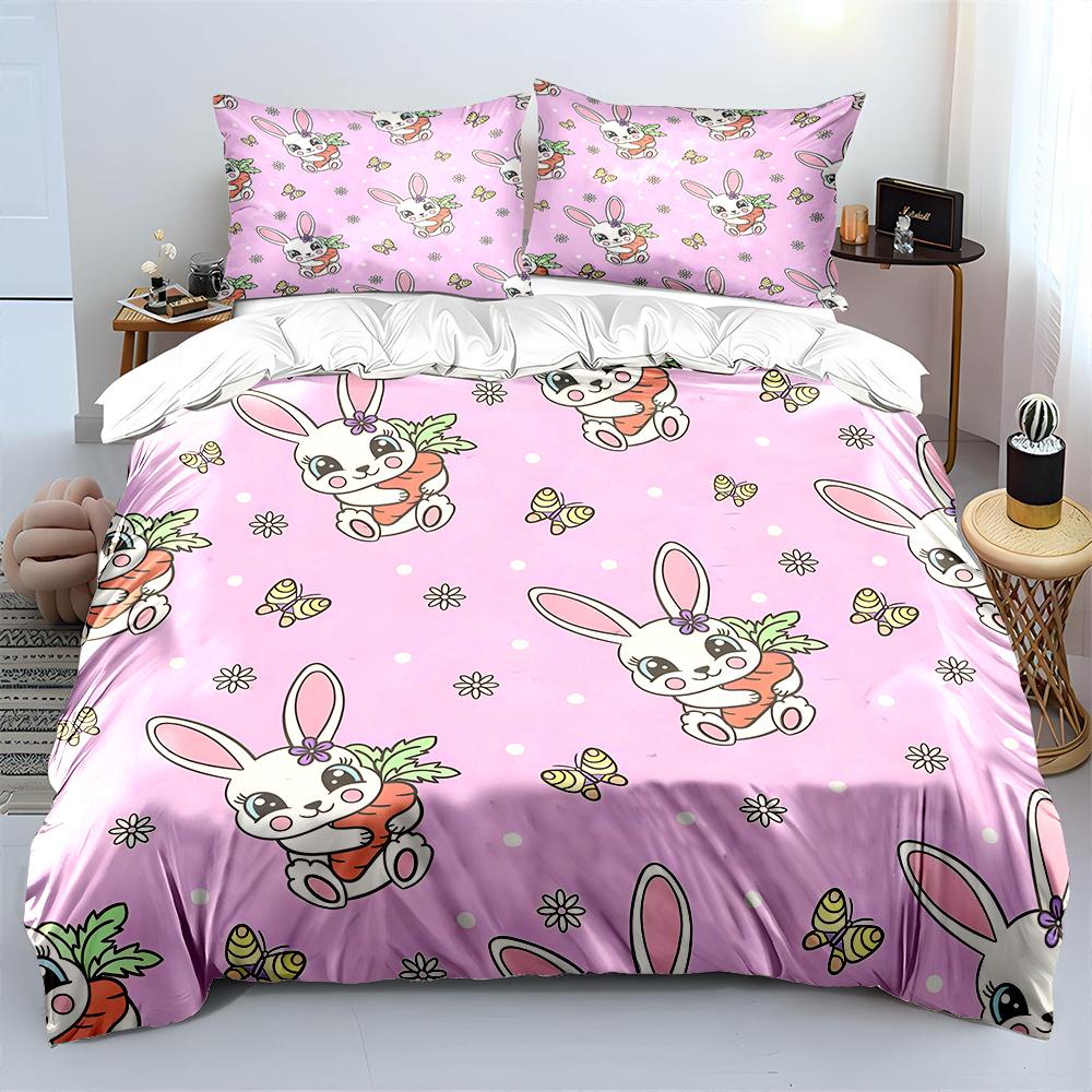 Cute Bunny Hugging A Carrot On A Pink Background Print Bedding Set 1Duvet Cover 2 Pillowcases For Adult And Children Luxury Gift