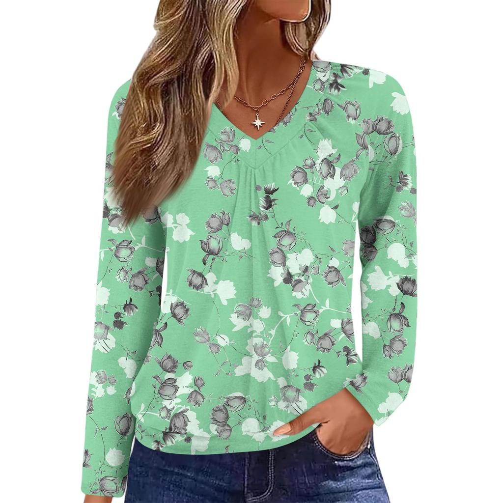 Women's Casual Fashion V-Neck Raglan Pleated Floral Print Long Sleeve Top