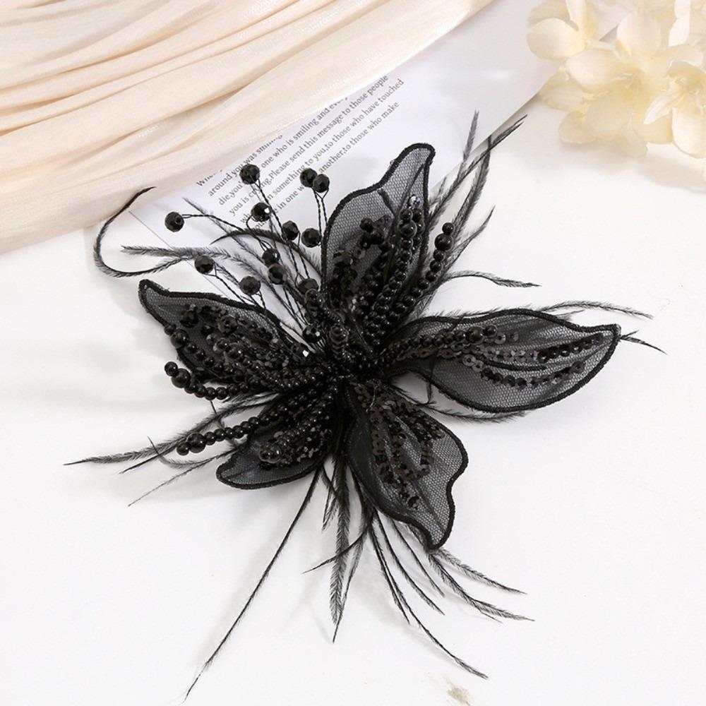 

Sequin Lace Feather Hair Clip Mesh Beads Flower Hairpin Headwear Edge Clip Bridal Wedding Headwear Party Hair Accessories чорний