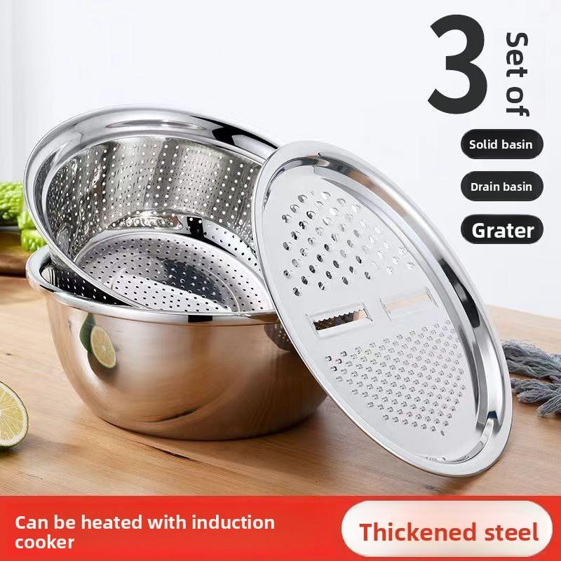 

Набор из 3 предметов: многофункциональная овощерезка из нержавеющей стали, терка и миска для слива. Современный кухонный инструмент 24cm