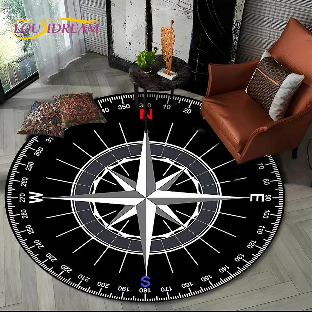3D Retro Kompass Serie Kreis Teppich,Runder Teppich für Wohnzimmer Schlafzimmer Sofa Fußmatte Dekor Rutschfeste Bodenmatte Geschenk