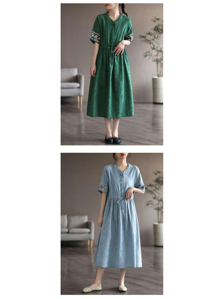 Damska Artystyczna Retro Sukienka z Krótkim Rękawem, Średniej Długości, z Haftowanego Bawełnianego i Lnianego Żakardu, ze Sznurkiem w Talii