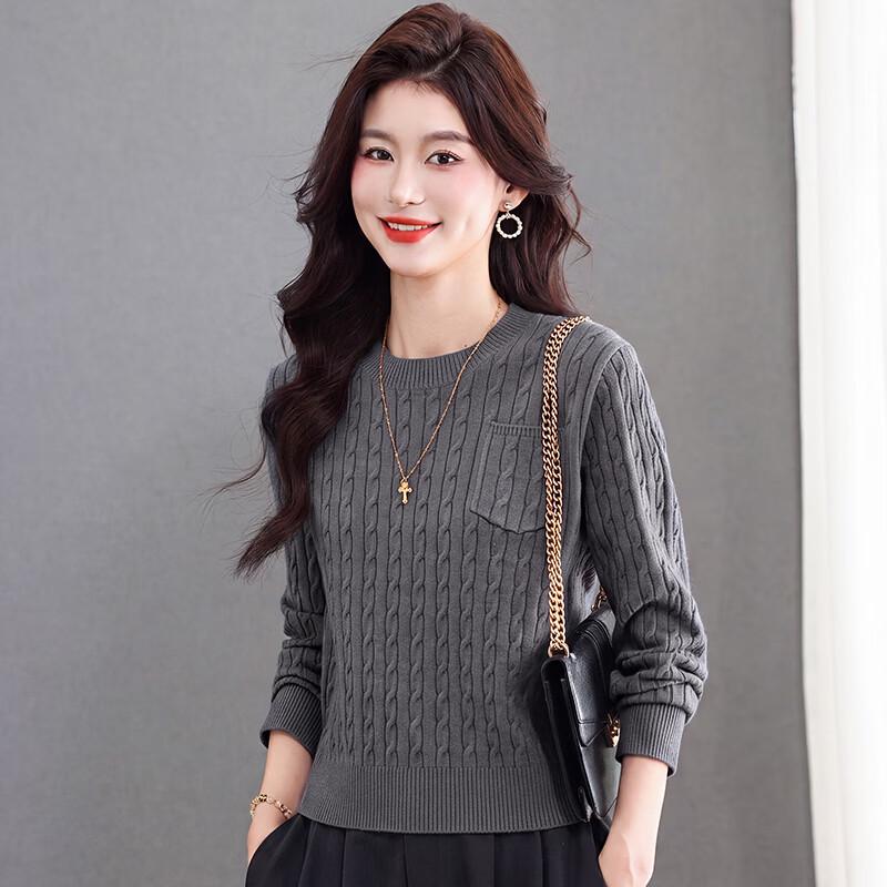 Zhichu Women's Casual Crew Neck Long Sleeve Pocket Knit Sweater