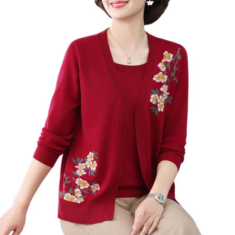 Mom's Autumn Knitted Sweater Medium-old Fake Two-piece Sweater, Middle-aged Women's Embroidered Clothes New